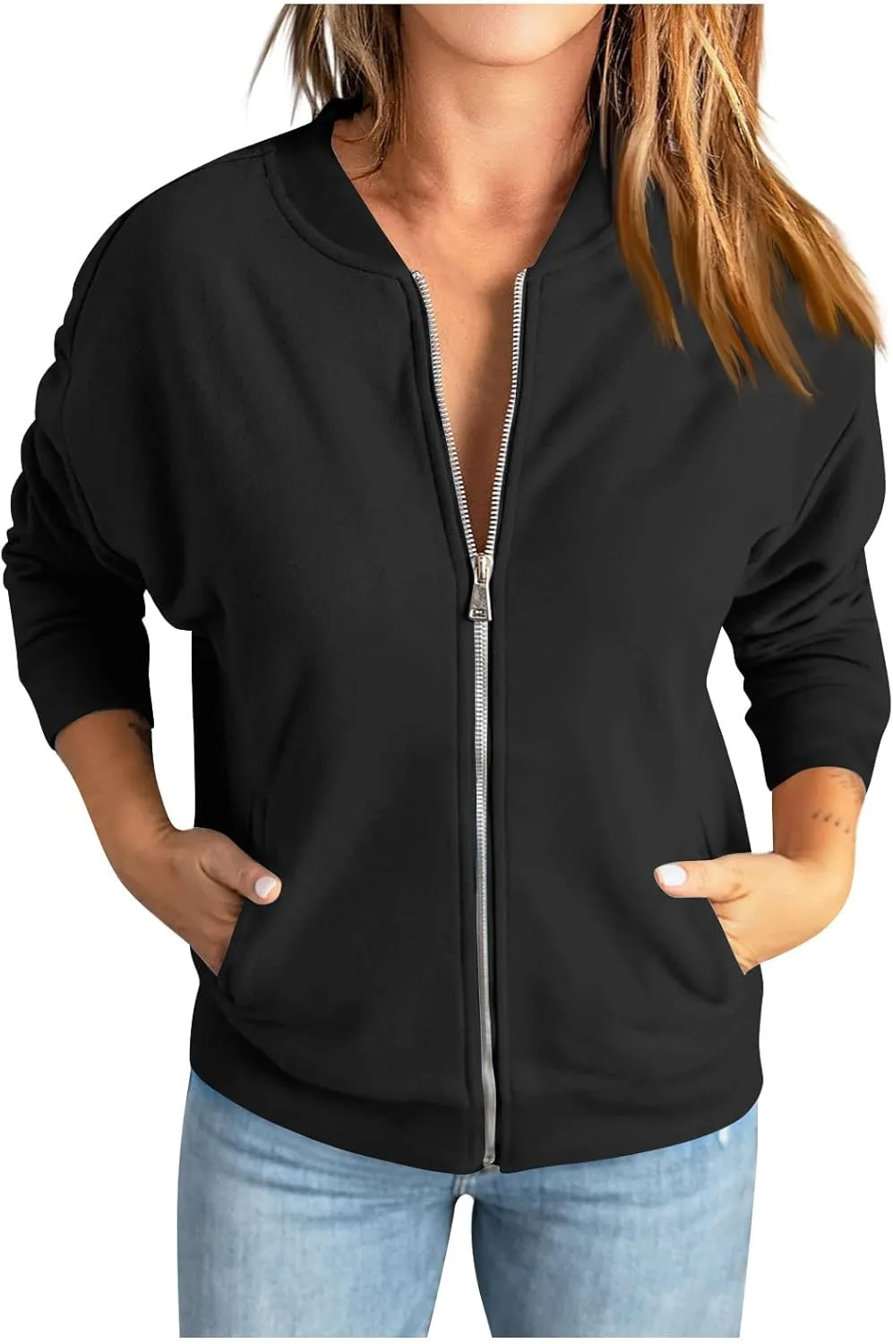 Women Bomber Jacket Casual Zip Up Fleece Jacket Trendy Lightweight Cropped Windbreaker Comfy Fall Coats with Pockets