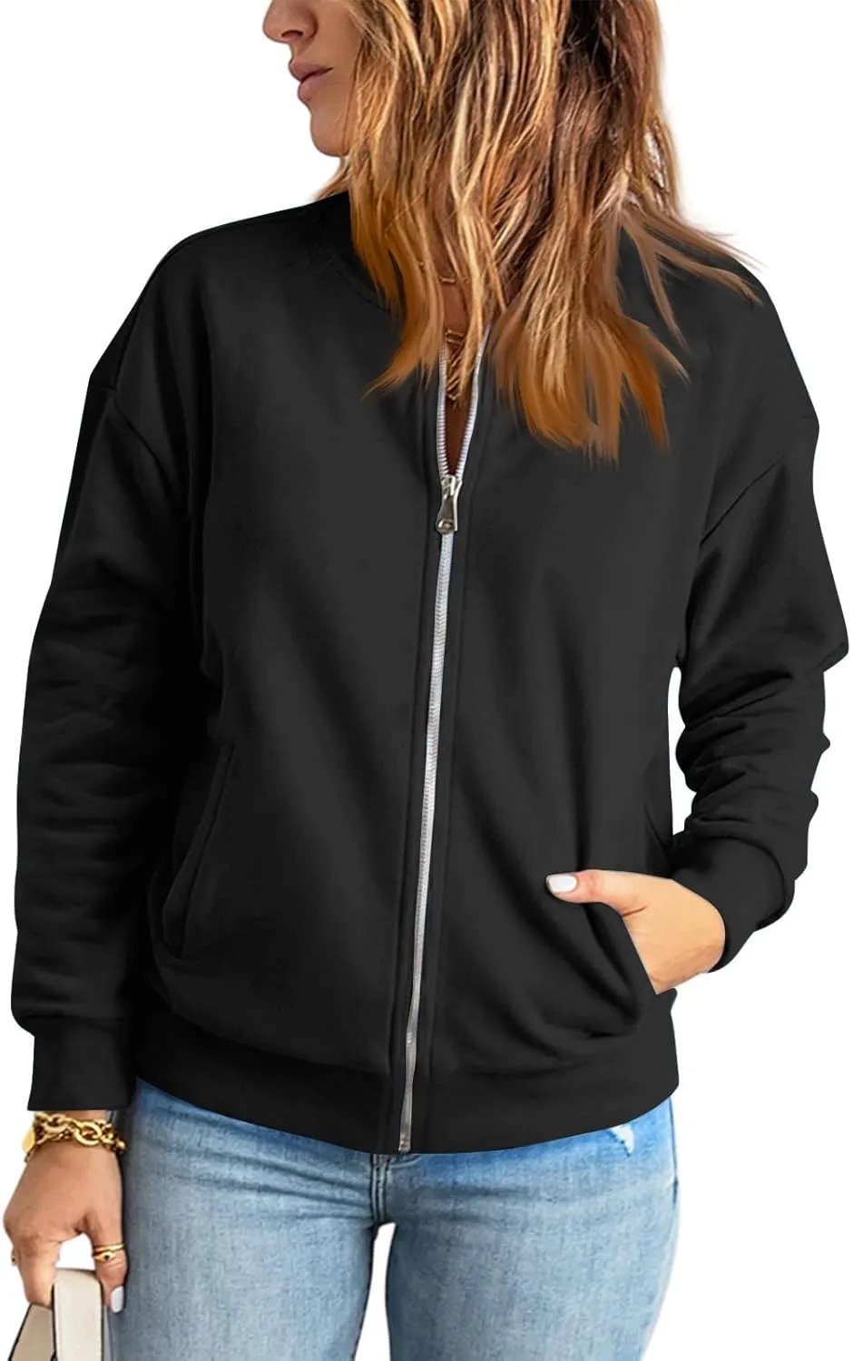 Women Bomber Jacket Casual Zip Up Fleece Jacket Trendy Lightweight Cropped Windbreaker Comfy Fall Coats with Pockets