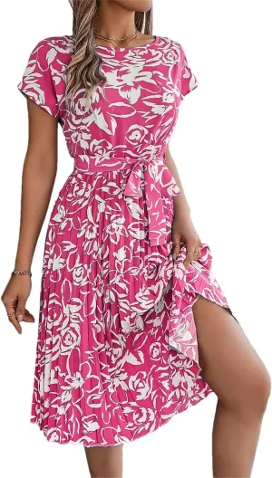 Women Floral Short Sleeve O-Neck Pleated Mini Dress with Sashes Casual Slim Fit Bohemian Dress
