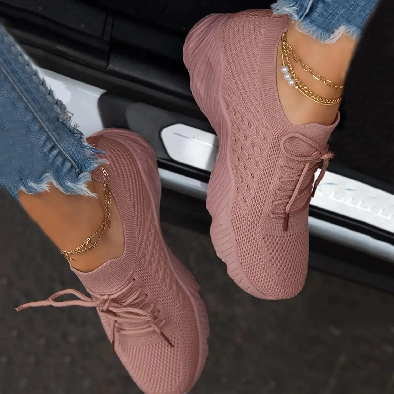 Women Mesh Sneakers Lace Up Slip on Running Shoes Non Slip Breathable Walking Shoes Orthopedic Casual Sneakers with Arch Support