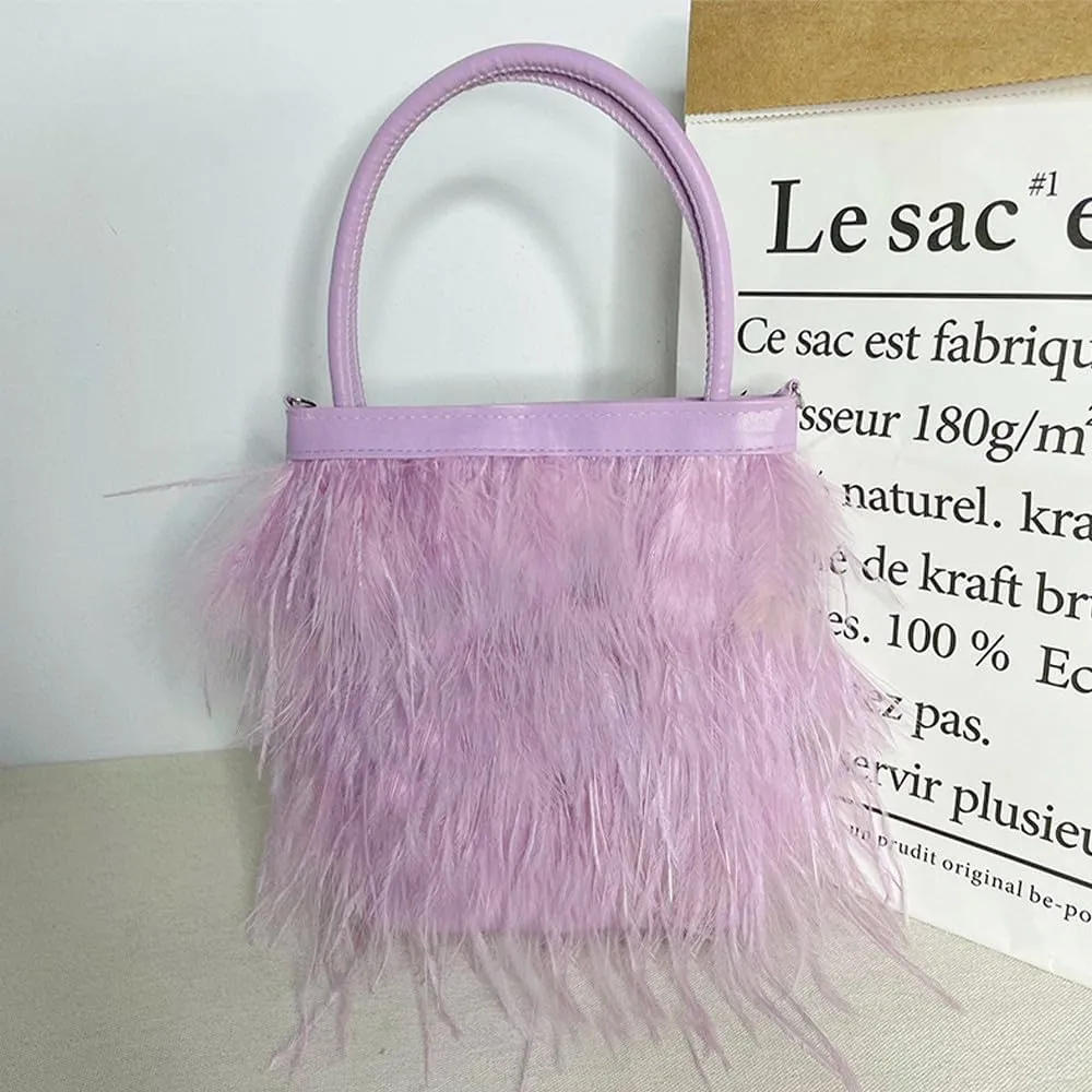 Women Ostrich Feather Purse Tote Bag Fluffy Purse Clutch Feather Evening Handbag Purses and Clutches for Wedding Party Purple