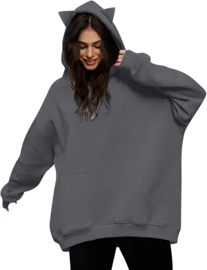 Women Plus Size Cute Cat Ear Hoodies Solid Color Fluffy Sweatshirt Baggy Casual Homewear Sweater Tops Trendy Clothing