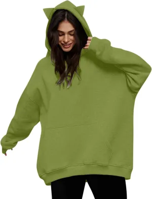 Women Plus Size Cute Cat Ear Hoodies Solid Color Fluffy Sweatshirt Baggy Casual Homewear Sweater Tops Trendy Clothing