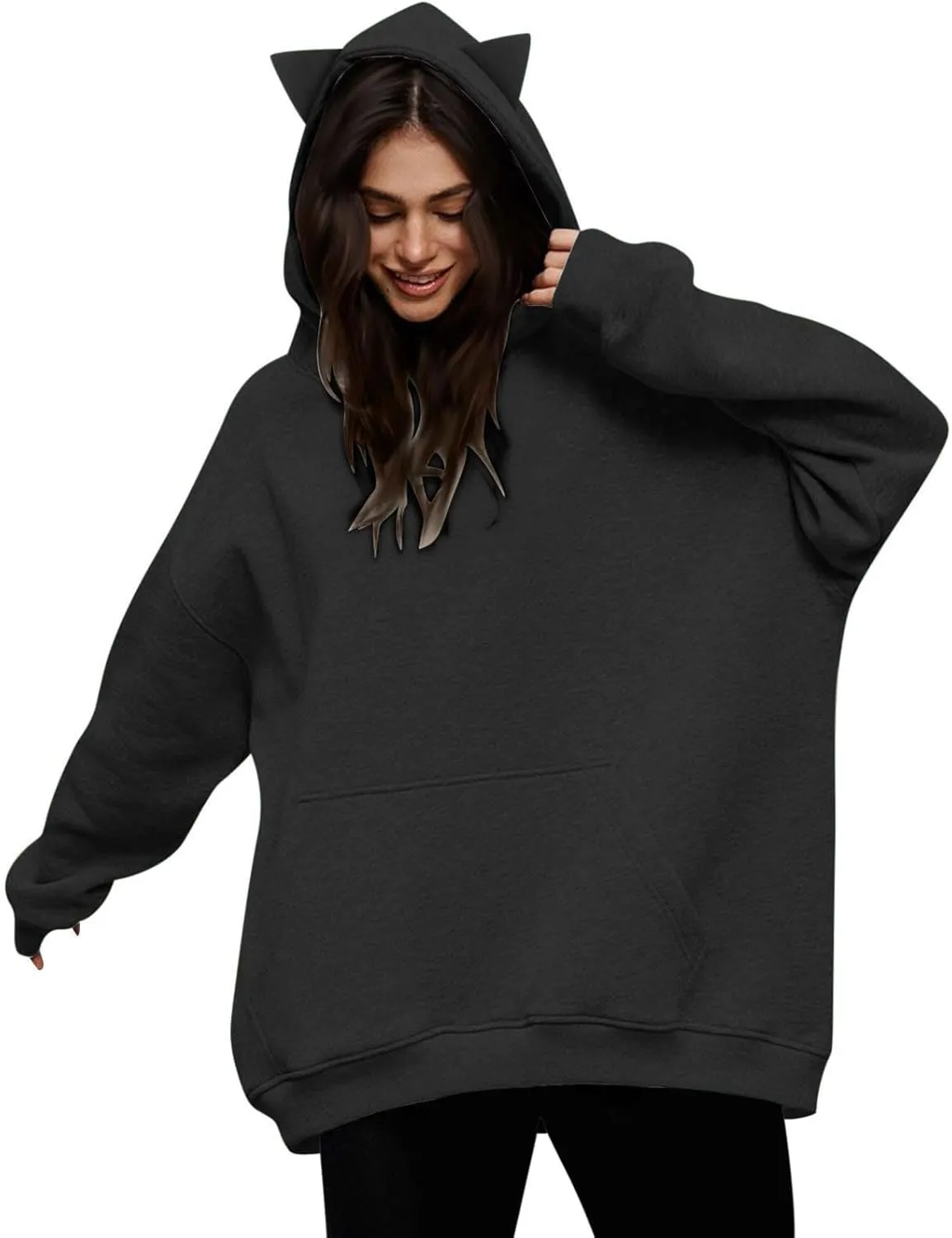 Women Plus Size Cute Cat Ear Hoodies Solid Color Fluffy Sweatshirt Baggy Casual Homewear Sweater Tops Trendy Clothing