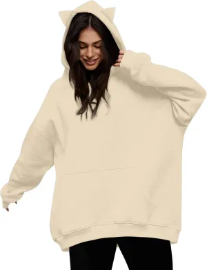 Women Plus Size Cute Cat Ear Hoodies Solid Color Fluffy Sweatshirt Baggy Casual Homewear Sweater Tops Trendy Clothing