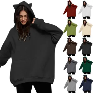 Women Plus Size Cute Cat Ear Hoodies Solid Color Fluffy Sweatshirt Baggy Casual Homewear Sweater Tops Trendy Clothing