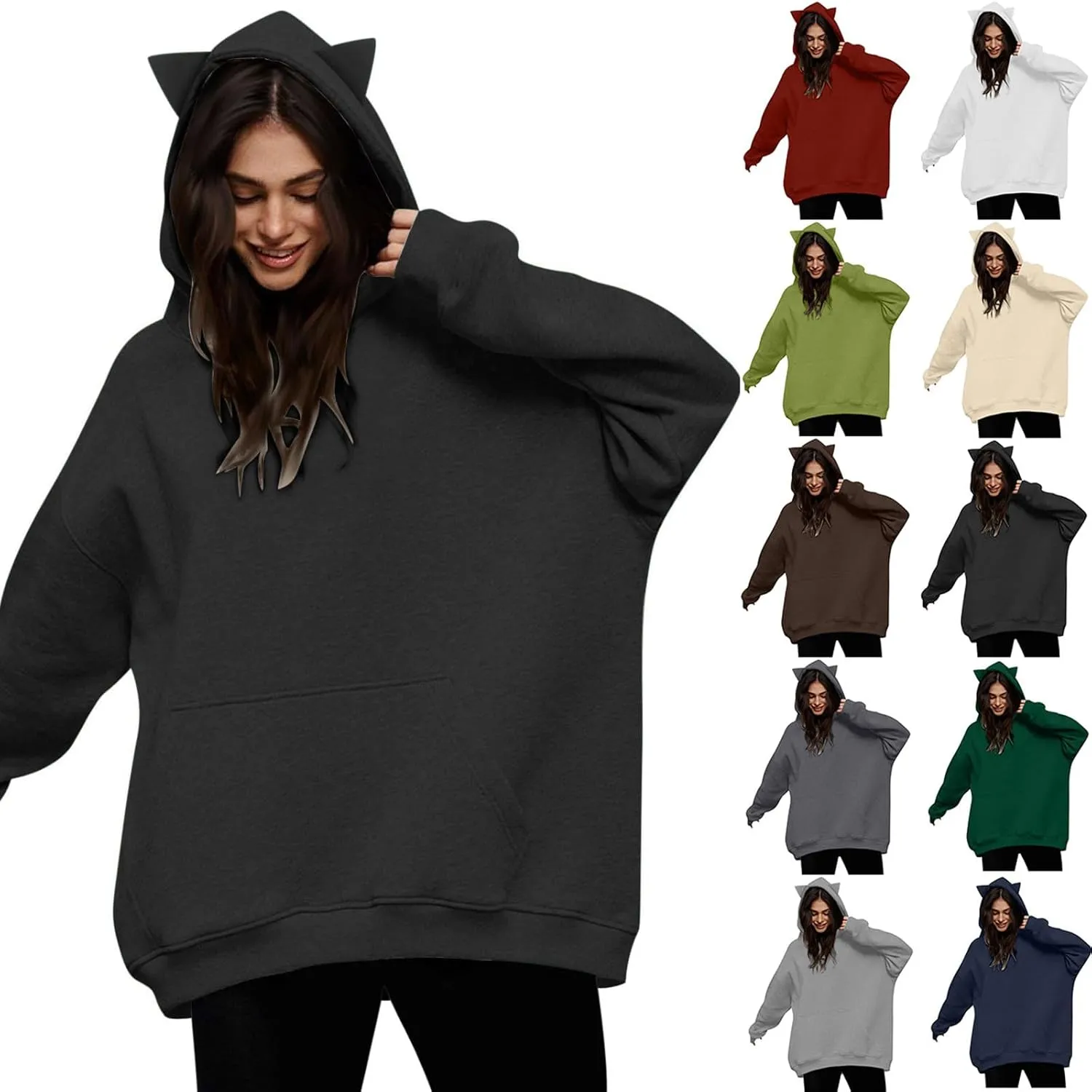 Women Plus Size Cute Cat Ear Hoodies Solid Color Fluffy Sweatshirt Baggy Casual Homewear Sweater Tops Trendy Clothing