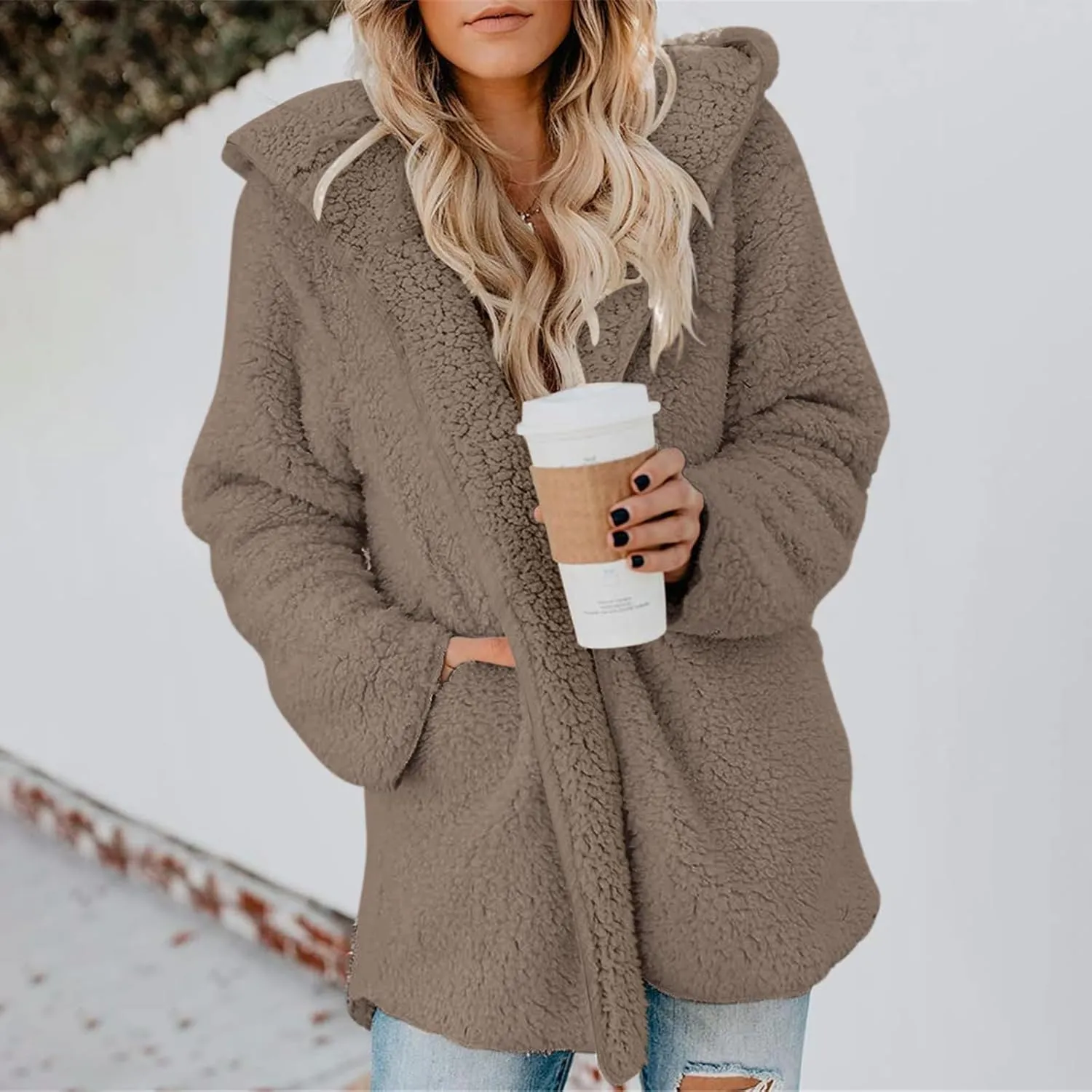 Women Sherpa Jacket Oversized Fleece Jacket Fall Teddy Bear Coat with Pockets Plus Size Open Front Hooded Cardigan