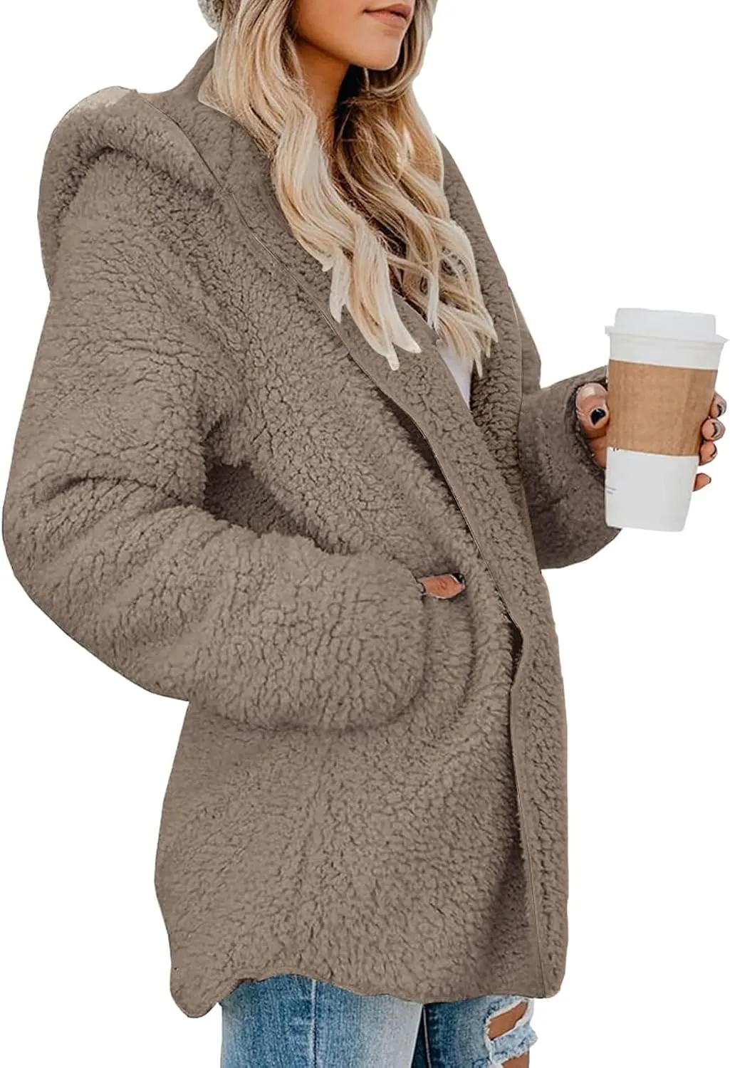 Women Sherpa Jacket Oversized Fleece Jacket Fall Teddy Bear Coat with Pockets Plus Size Open Front Hooded Cardigan