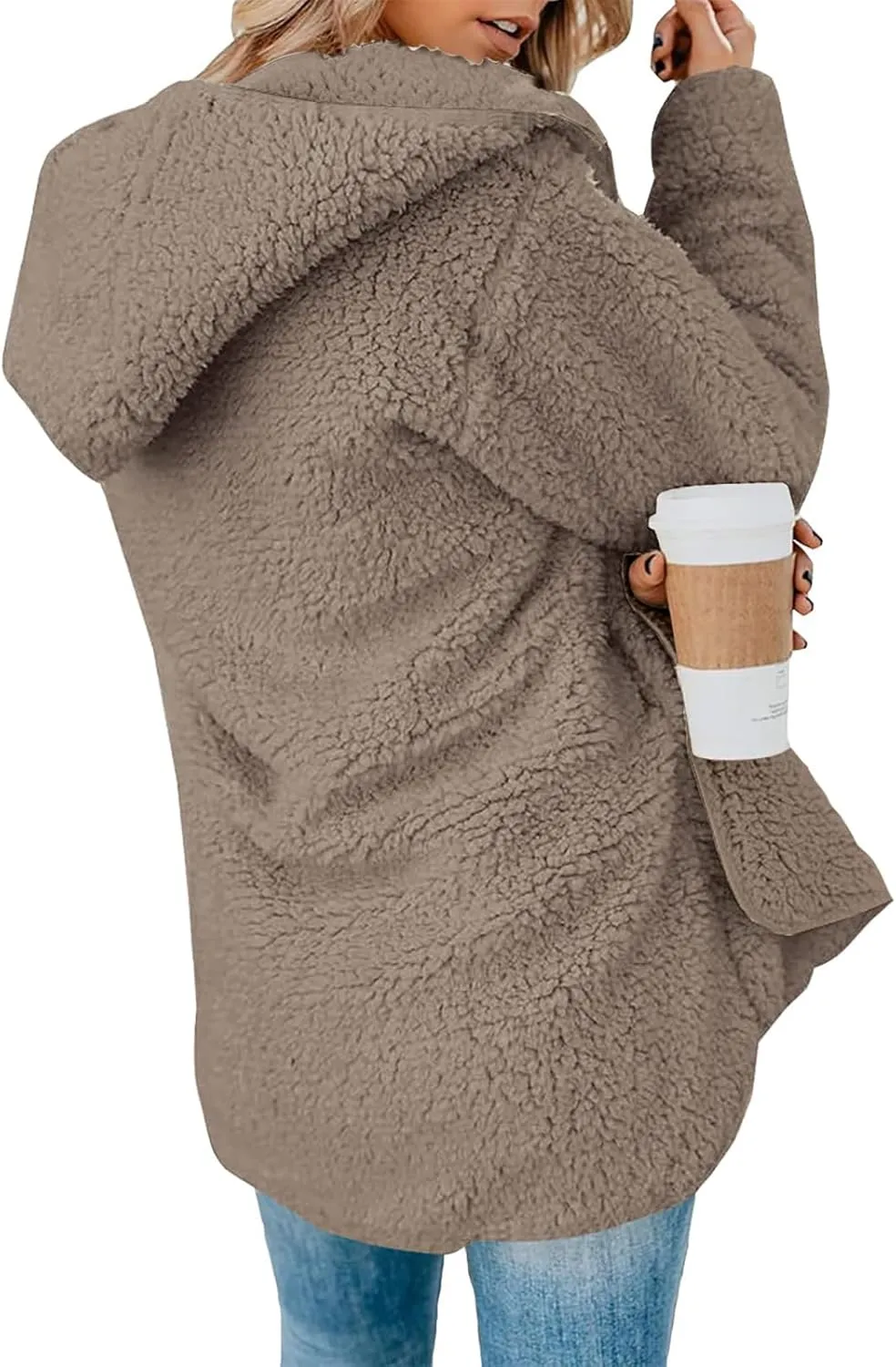 Women Sherpa Jacket Oversized Fleece Jacket Fall Teddy Bear Coat with Pockets Plus Size Open Front Hooded Cardigan