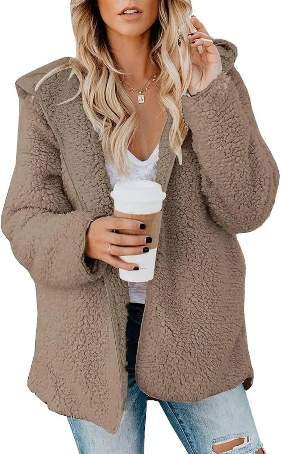 Women Sherpa Jacket Oversized Fleece Jacket Fall Teddy Bear Coat with Pockets Plus Size Open Front Hooded Cardigan