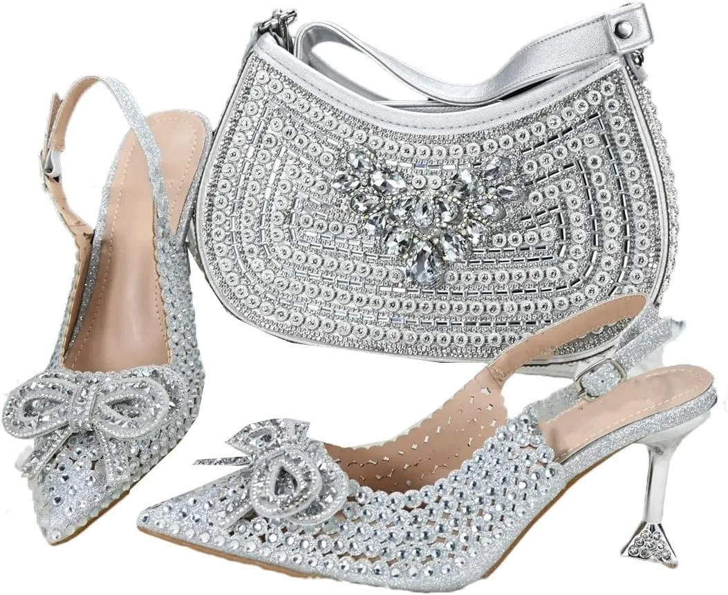 Women Shoes and Bag Set Thin Heel Buckle Strap Pumps Wedding Shoe Bag Matching Set
