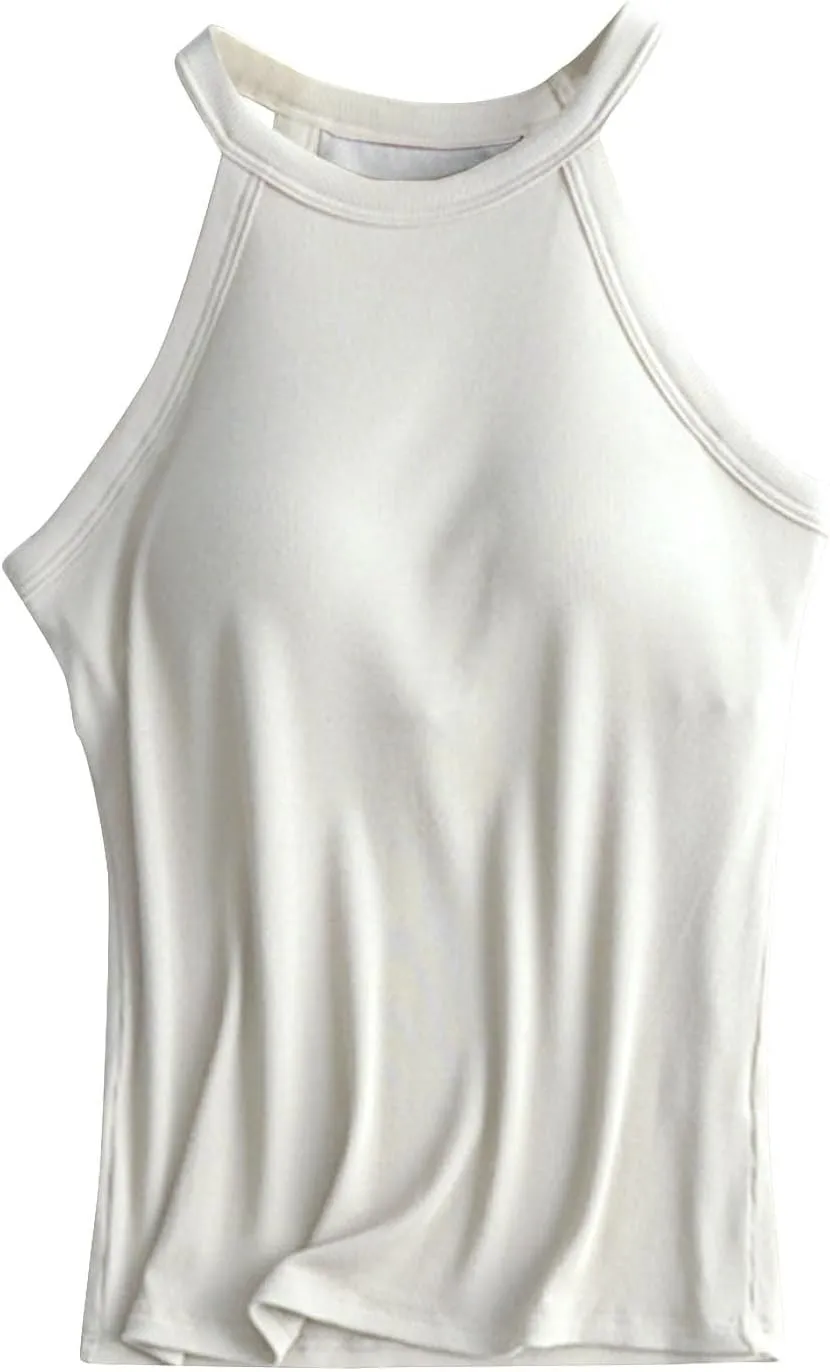 Women Tank Tops with Built in Bras Casual Basic Racerback Ribbed Shirts Sleeveless High Neck Slim Fit Tops