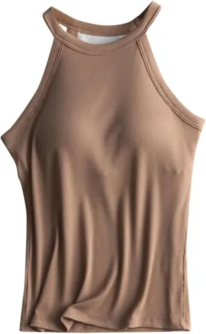 Women Tank Tops with Built in Bras Casual Basic Racerback Ribbed Shirts Sleeveless High Neck Slim Fit Tops