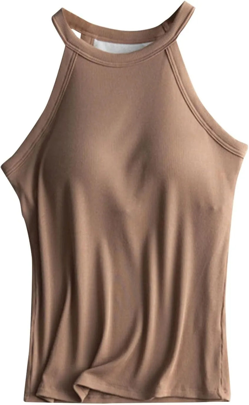 Women Tank Tops with Built in Bras Casual Basic Racerback Ribbed Shirts Sleeveless High Neck Slim Fit Tops