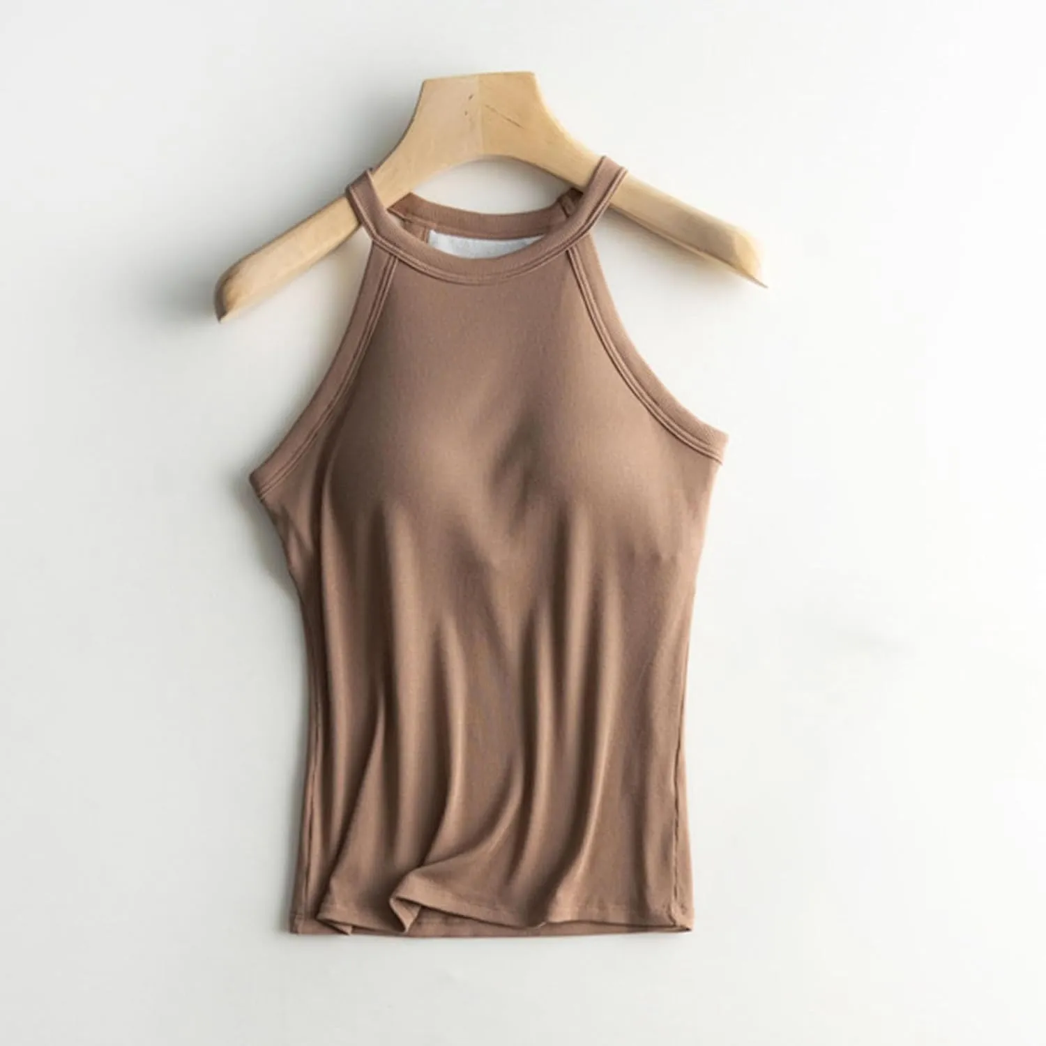 Women Tank Tops with Built in Bras Casual Basic Racerback Ribbed Shirts Sleeveless High Neck Slim Fit Tops
