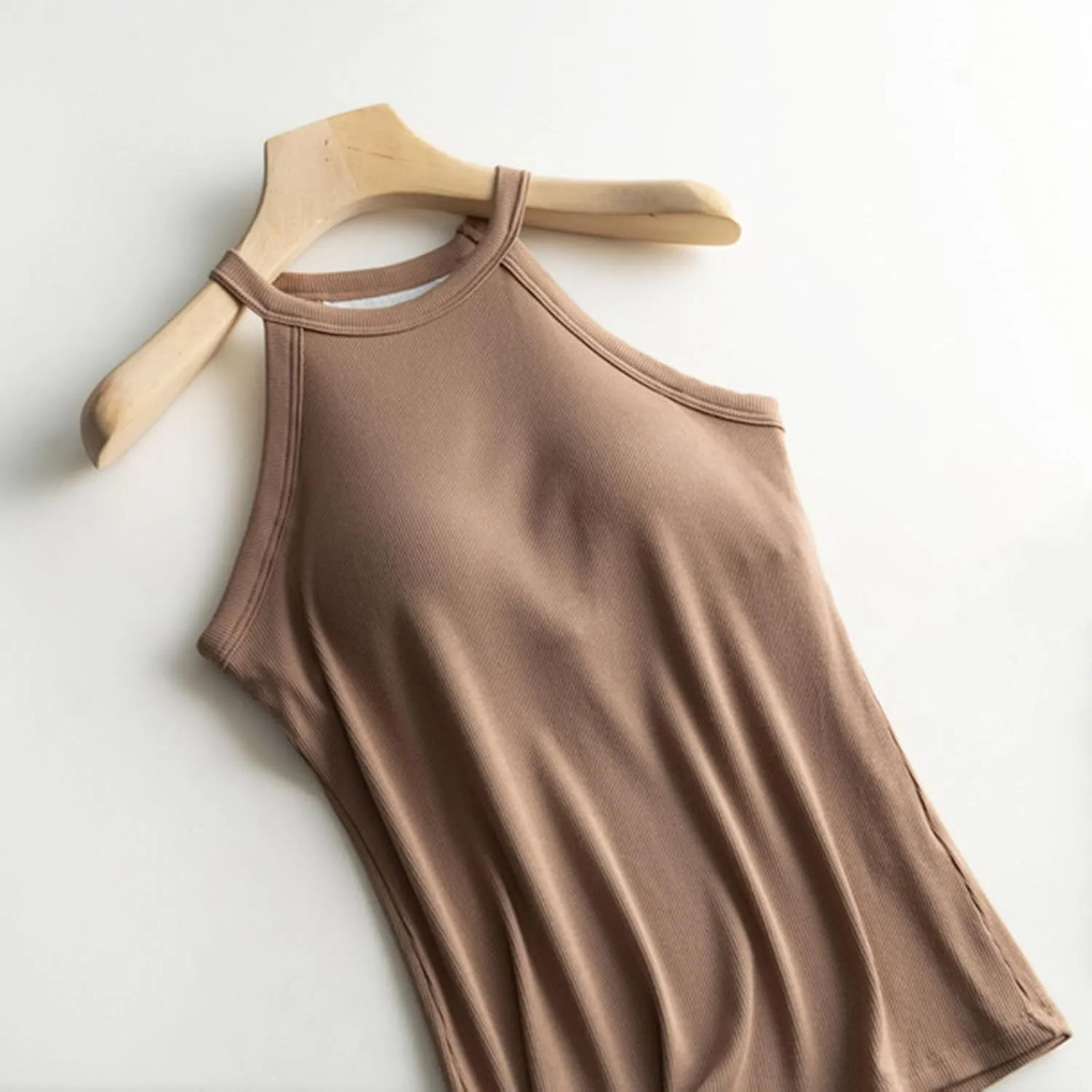 Women Tank Tops with Built in Bras Casual Basic Racerback Ribbed Shirts Sleeveless High Neck Slim Fit Tops