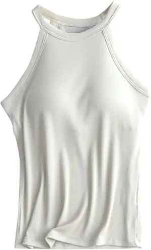 Women Tank Tops with Built in Bras Casual Basic Racerback Ribbed Shirts Sleeveless High Neck Slim Fit Tops