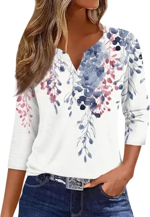 Women's 3/4 Sleeve Tops 2025 Summer Vacation Trendy Casual Shirts V Neck Loose Comfy Boho Clothes