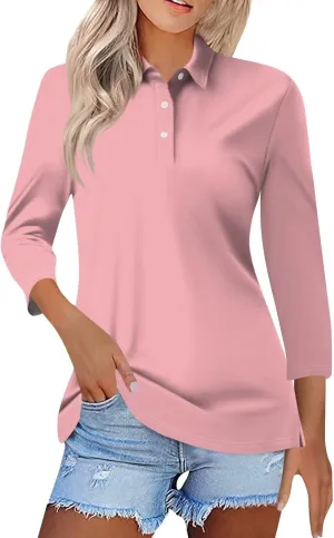 Womens 3/4 Sleeve Tops V Neck Work Polo Shirts Dressy Casual Striped Blouses Three Quarter Length Tunic Tops