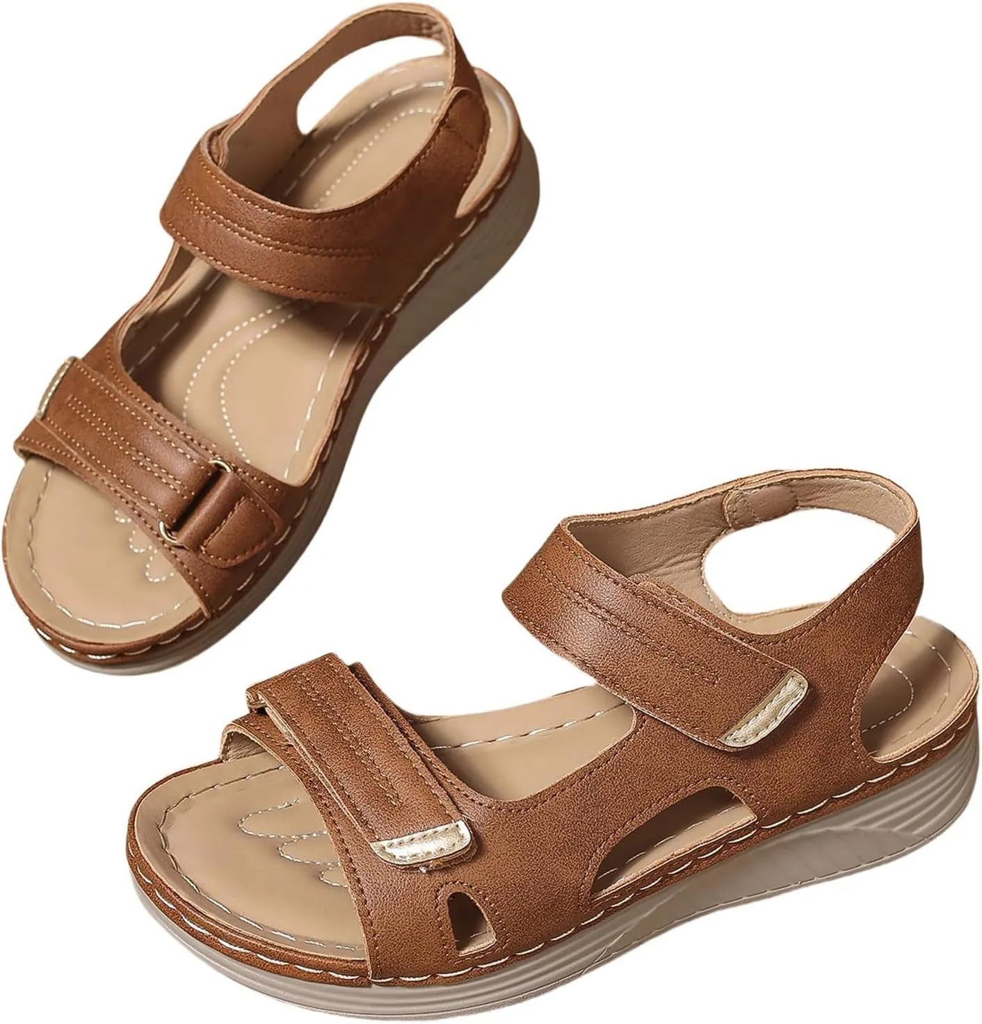 Womens Arch Support Sandals Comfortable Walking Sandals Low Wedges with Hoop and Loop Open Toe Orthopedic Walking Shoes for Women Ladies Outdoor Shoes Dressy Summer Sandal Slip On Lightweight