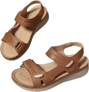 Womens Arch Support Sandals Comfortable Walking Sandals Low Wedges with Hoop and Loop Open Toe Orthopedic Walking Shoes for Women Ladies Outdoor Shoes Dressy Summer Sandal Slip On Lightweight