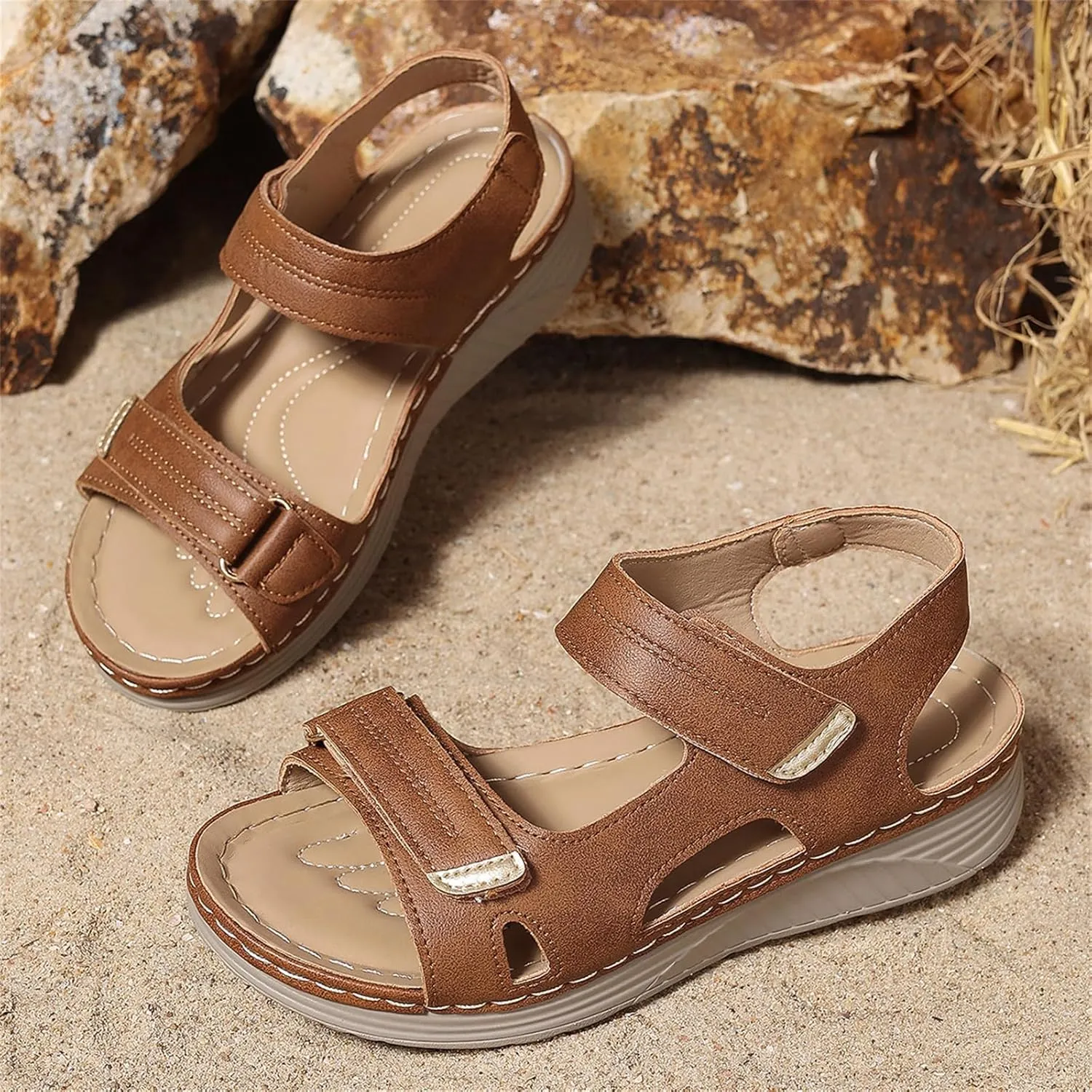 Womens Arch Support Sandals Comfortable Walking Sandals Low Wedges with Hoop and Loop Open Toe Orthopedic Walking Shoes for Women Ladies Outdoor Shoes Dressy Summer Sandal Slip On Lightweight