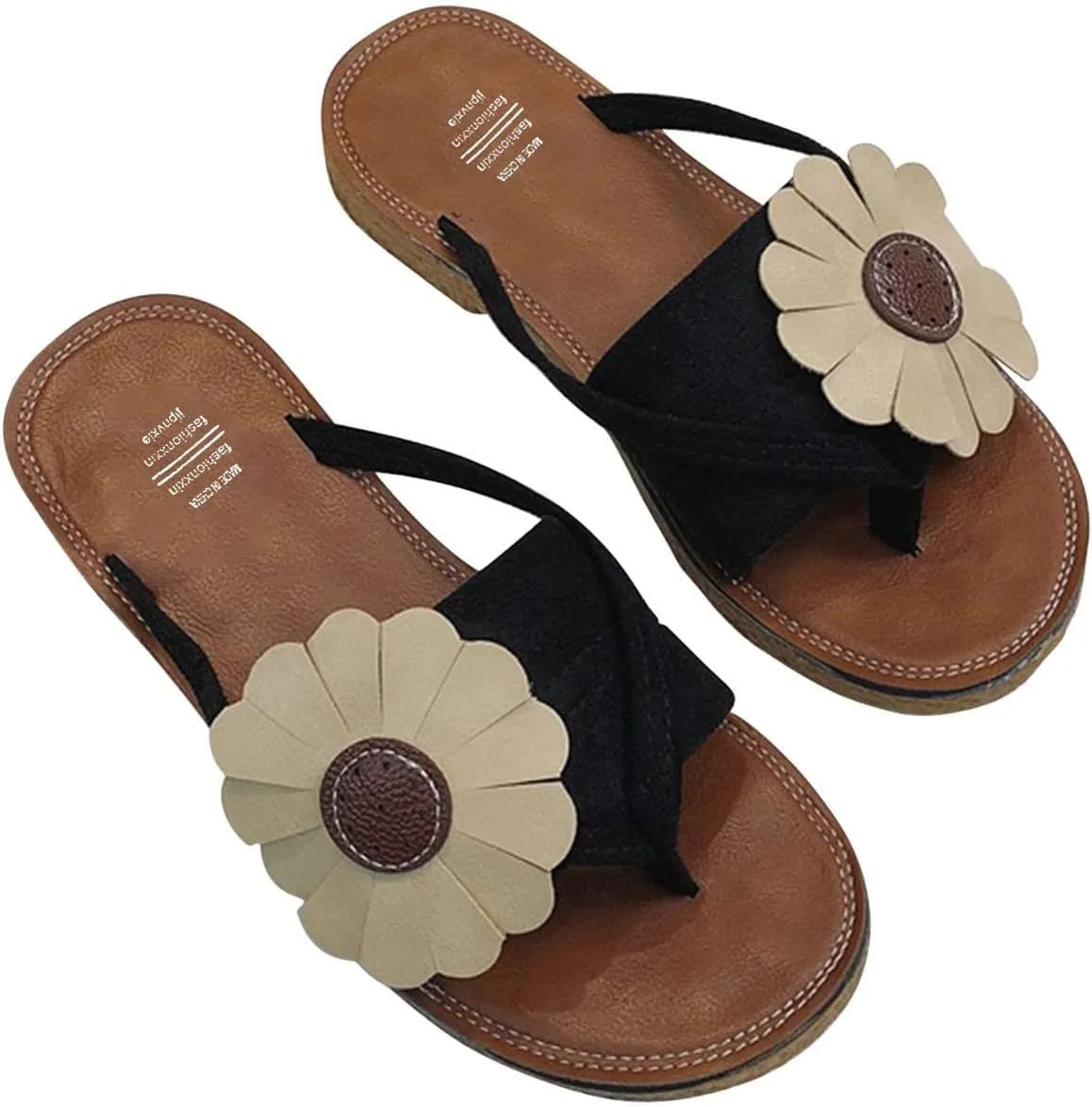 Women's Bohimian Slide Sandals with Floral Decor Summer Casual Beach Shoes Faux Suede Flip Flops Dressy Flat Slides