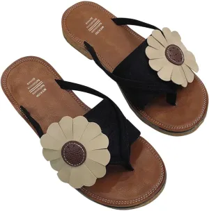 Women's Bohimian Slide Sandals with Floral Decor Summer Casual Beach Shoes Faux Suede Flip Flops Dressy Flat Slides