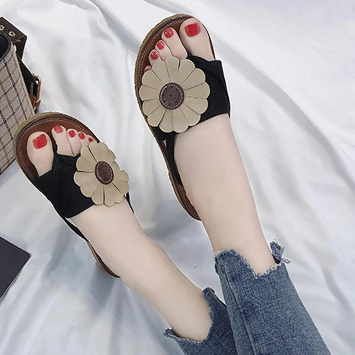 Women's Bohimian Slide Sandals with Floral Decor Summer Casual Beach Shoes Faux Suede Flip Flops Dressy Flat Slides