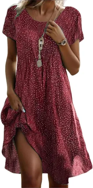 Womens Boho Dress Plus Size Crew Neck Plus Size Older Womens Short Sleeve Vestido Oversized Elegant Midi Dresses