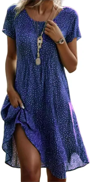 Womens Boho Dress Plus Size Crew Neck Plus Size Older Womens Short Sleeve Vestido Oversized Elegant Midi Dresses