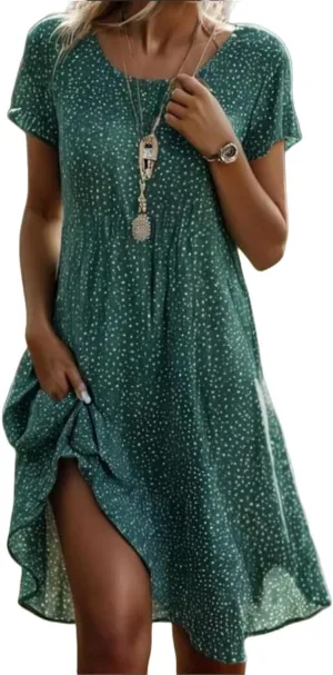 Womens Boho Dress Plus Size Crew Neck Plus Size Older Womens Short Sleeve Vestido Oversized Elegant Midi Dresses