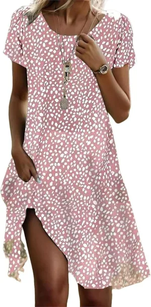 Womens Boho Dress Plus Size Crew Neck Plus Size Older Womens Short Sleeve Vestido Oversized Elegant Midi Dresses