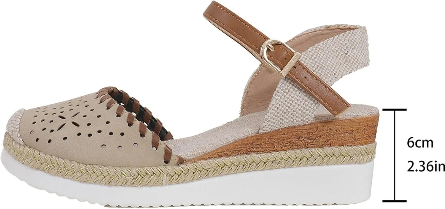 Women's Closed Toe Elastic Ankle Strap Espadrilles Wedge Sandals Orthopedic Comfortable Summer Dress Hollow Out Arch Wedge Platform Sandal Slip on Casual Beach Outdoor Wedding Espadrilles Footwear