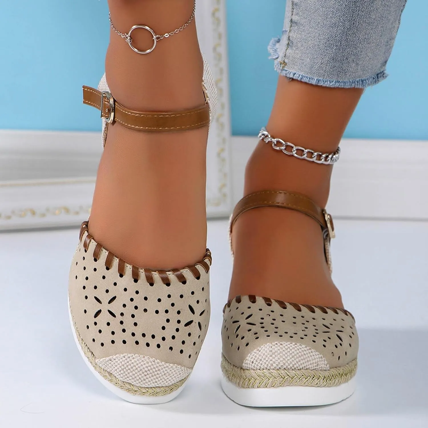 Women's Closed Toe Elastic Ankle Strap Espadrilles Wedge Sandals Orthopedic Comfortable Summer Dress Hollow Out Arch Wedge Platform Sandal Slip on Casual Beach Outdoor Wedding Espadrilles Footwear