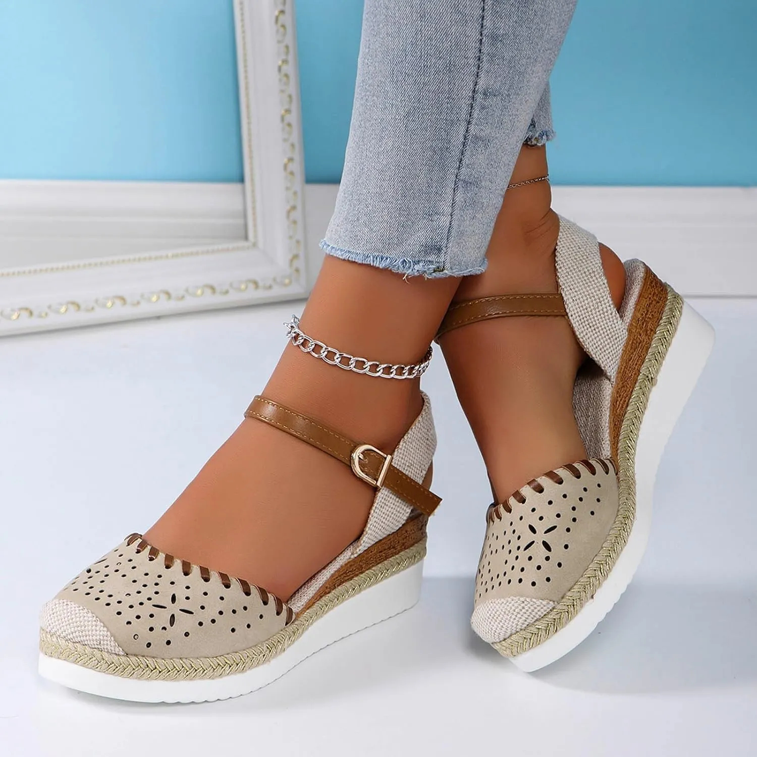 Women's Closed Toe Elastic Ankle Strap Espadrilles Wedge Sandals Orthopedic Comfortable Summer Dress Hollow Out Arch Wedge Platform Sandal Slip on Casual Beach Outdoor Wedding Espadrilles Footwear