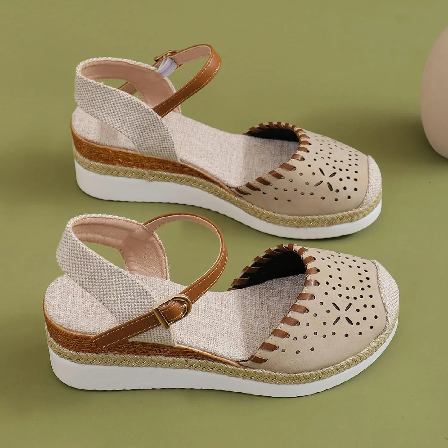 Women's Closed Toe Elastic Ankle Strap Espadrilles Wedge Sandals Orthopedic Comfortable Summer Dress Hollow Out Arch Wedge Platform Sandal Slip on Casual Beach Outdoor Wedding Espadrilles Footwear