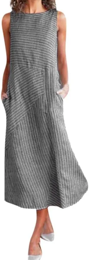 Women's Cotton Linen Striped Sleeveless Midi Shirt Dress Flowy Casual Beach Long Sundress with Pockets