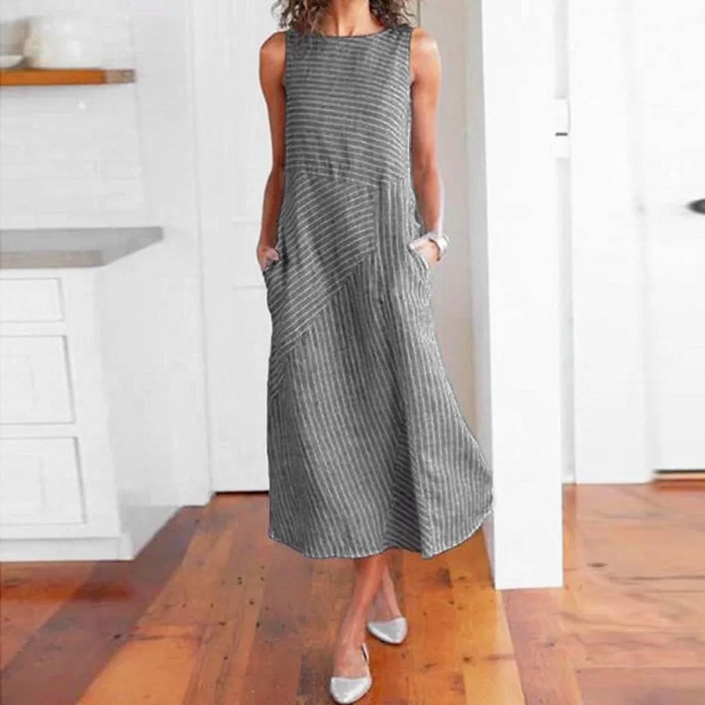 Women's Cotton Linen Striped Sleeveless Midi Shirt Dress Flowy Casual Beach Long Sundress with Pockets