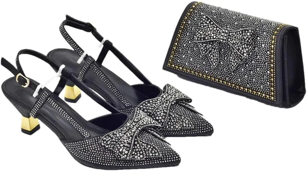 WomenS Elegant Bowknot Shoes and Bag Set Wedding Party Pointed Toe Spike Heel Slingbacks with Matching Handbag