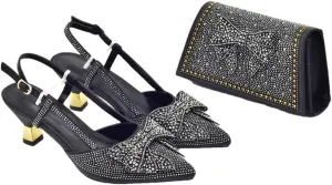 WomenS Elegant Bowknot Shoes and Bag Set Wedding Party Pointed Toe Spike Heel Slingbacks with Matching Handbag