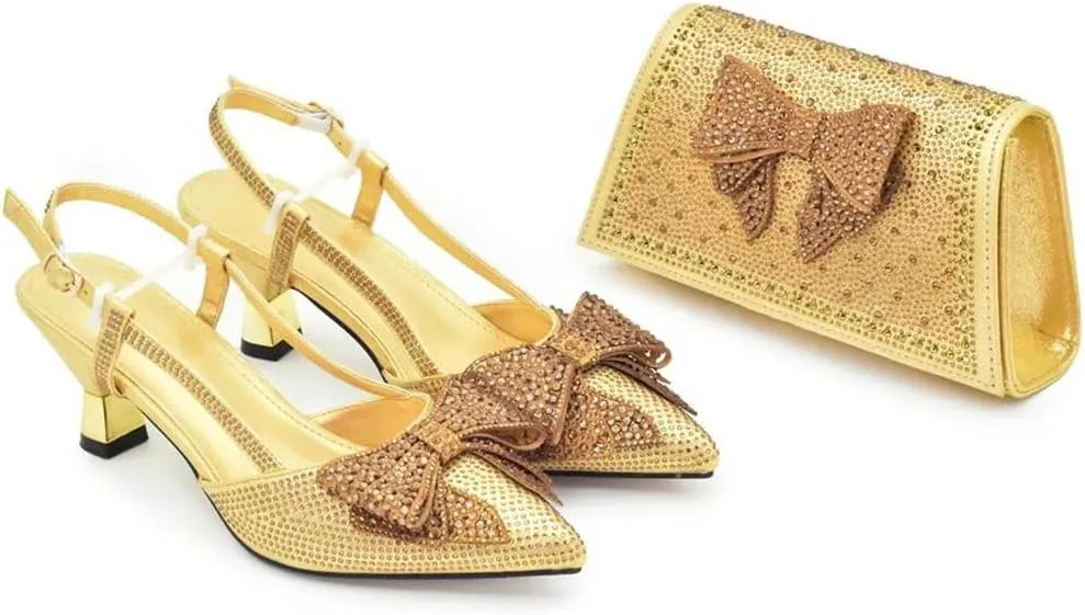 WomenS Elegant Bowknot Shoes and Bag Set Wedding Party Pointed Toe Spike Heel Slingbacks with Matching Handbag