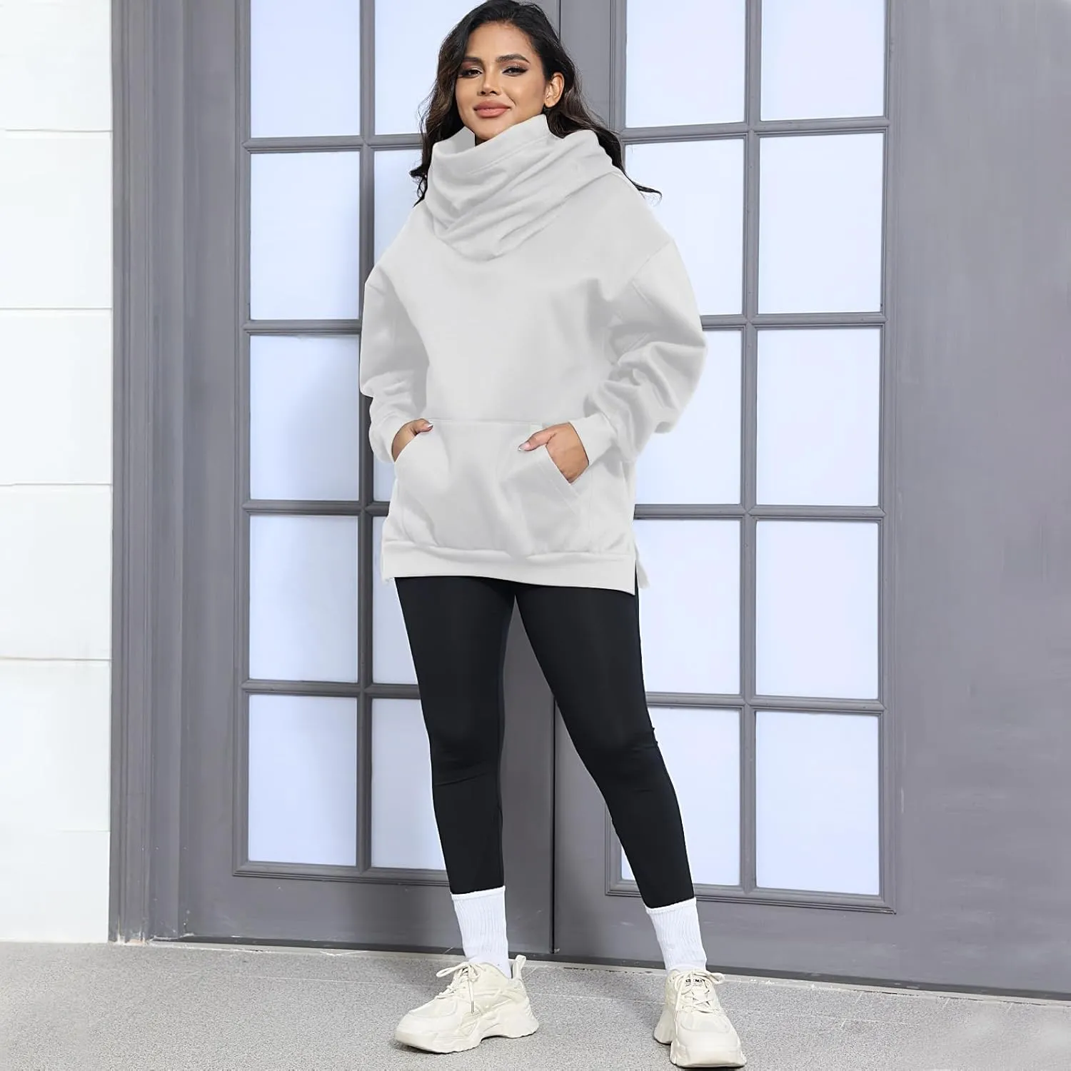 Womens Fleece Hoodie with Scarf Cotton Oversized Pullover Casual Hooded Sweatshirts Sweater Fall Winter Clothes