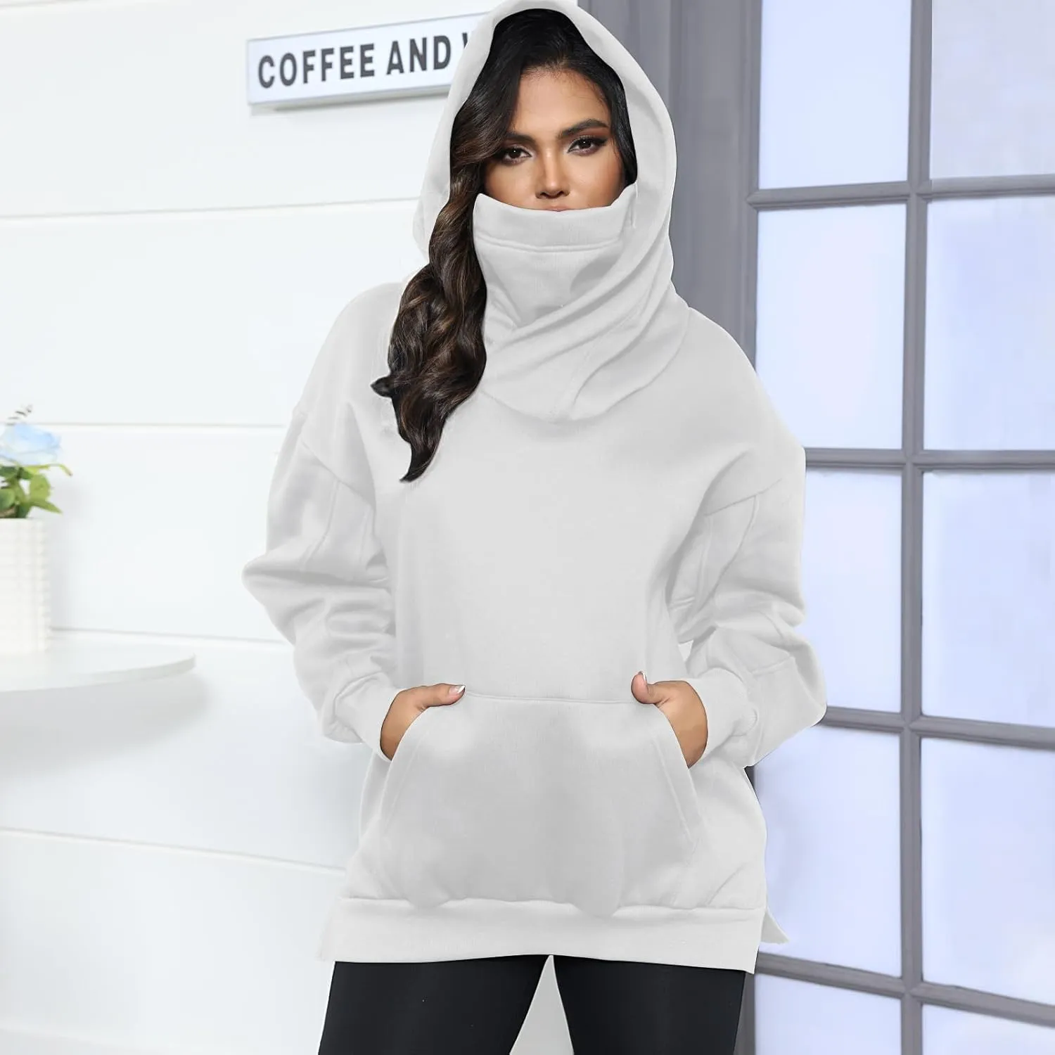 Womens Fleece Hoodie with Scarf Cotton Oversized Pullover Casual Hooded Sweatshirts Sweater Fall Winter Clothes
