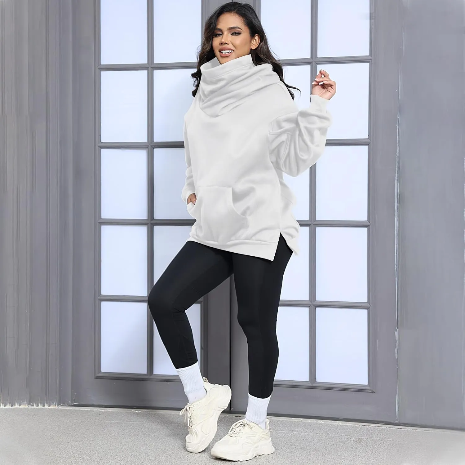 Womens Fleece Hoodie with Scarf Cotton Oversized Pullover Casual Hooded Sweatshirts Sweater Fall Winter Clothes