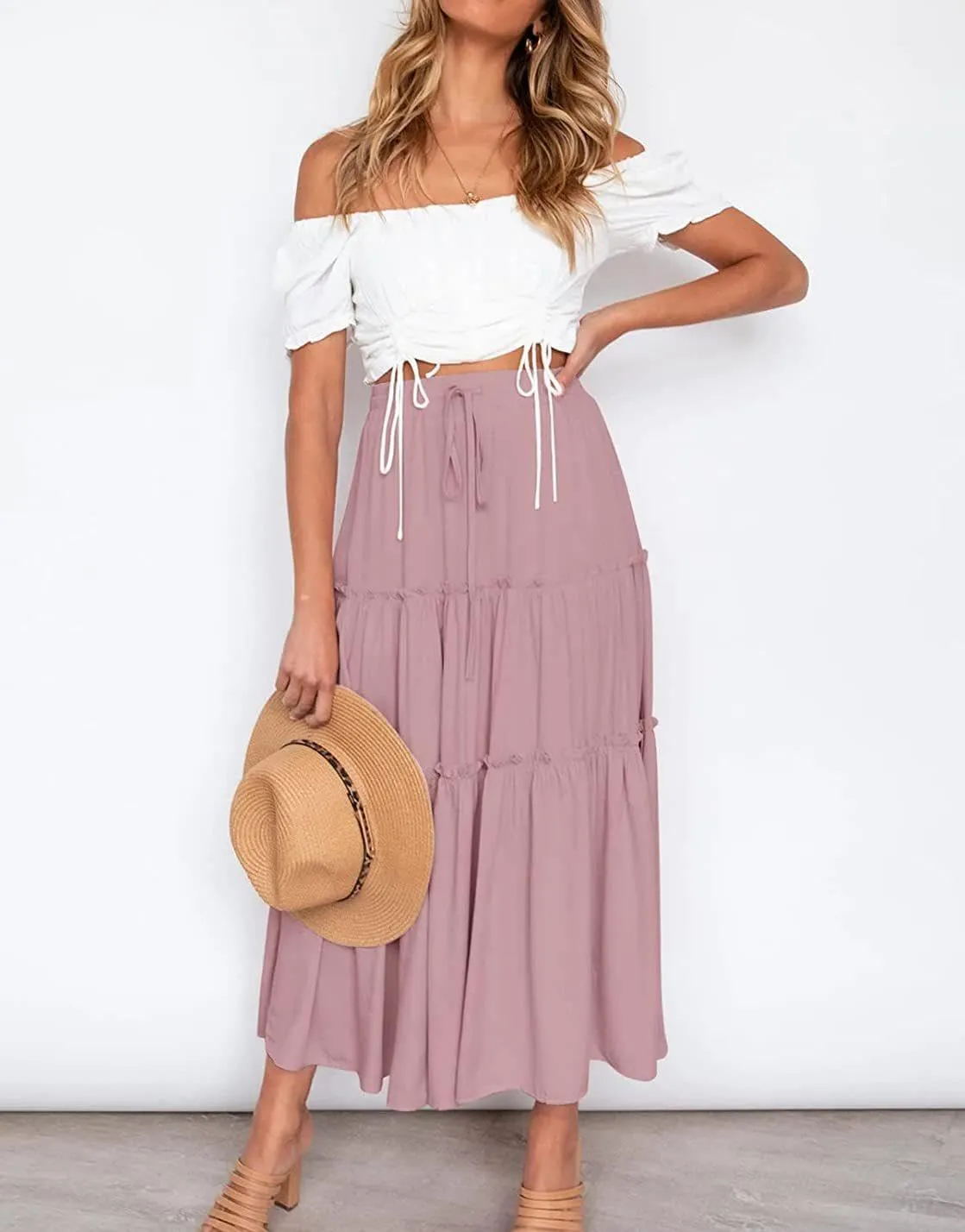 Women's Flowy Maxi Skirt A-Line Pleated Drawstring Skirt Elastic Waist Boho Summer Long Beach Dress