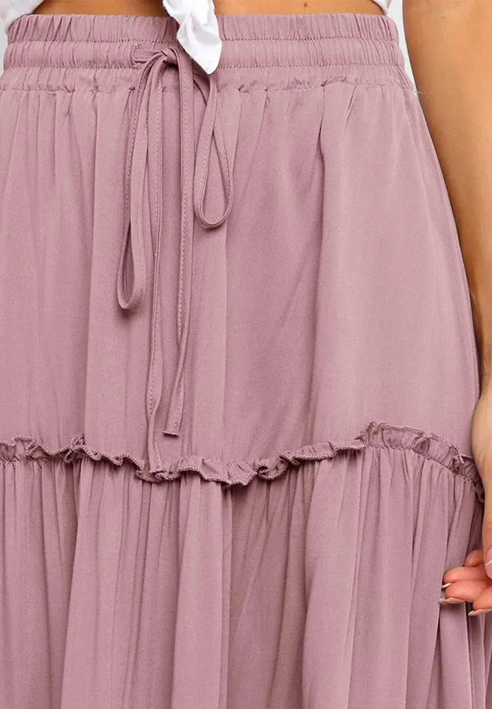 Women's Flowy Maxi Skirt A-Line Pleated Drawstring Skirt Elastic Waist Boho Summer Long Beach Dress