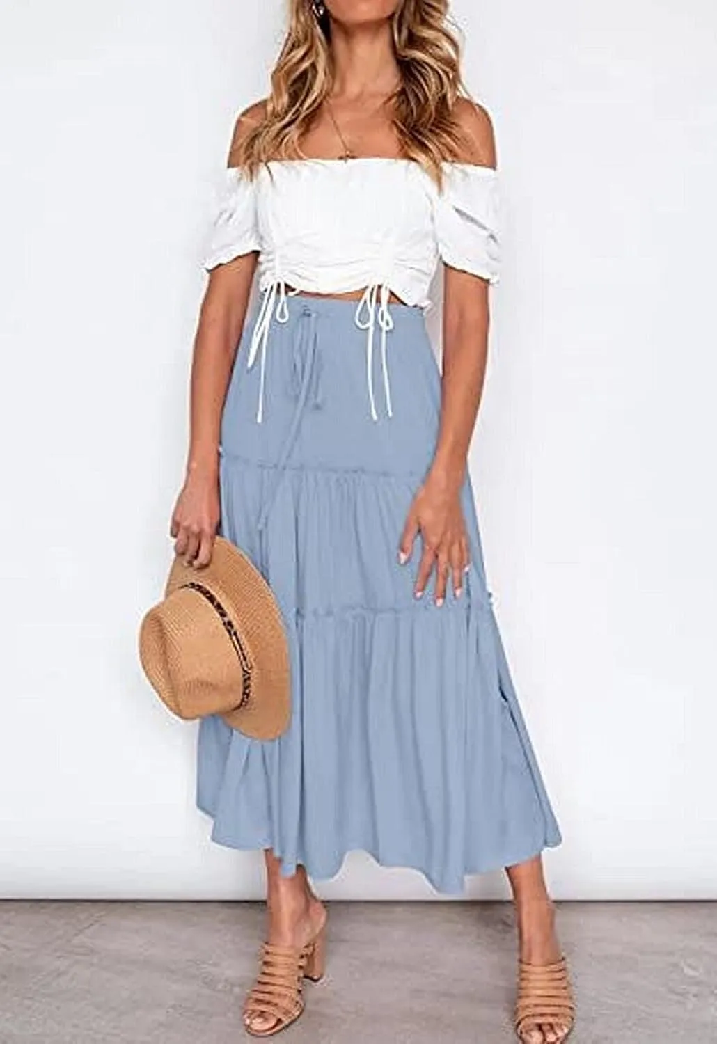 Women's Flowy Maxi Skirt A-Line Pleated Drawstring Skirt Elastic Waist Boho Summer Long Beach Dress