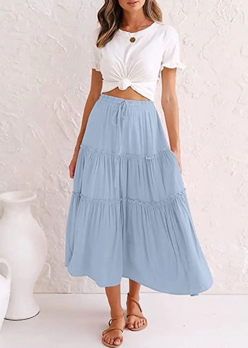 Women's Flowy Maxi Skirt A-Line Pleated Drawstring Skirt Elastic Waist Boho Summer Long Beach Dress